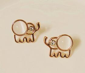 Lovely Beige Opal Rhinestone Elephant Stud Earrings