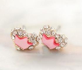 Pink Rhinestone Heart Crown Stud Earrings