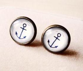 Vintage Handmade Anchor Gem Stud Earrings