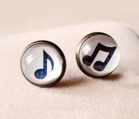 Vintage Handmade Musical Note Gem Stud Earrings